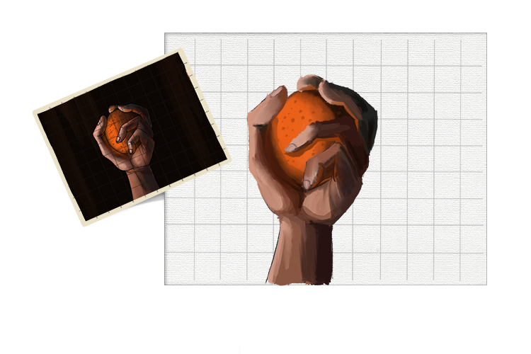 Work in the darker colours, take note of how the orange reflects back onto the hand.