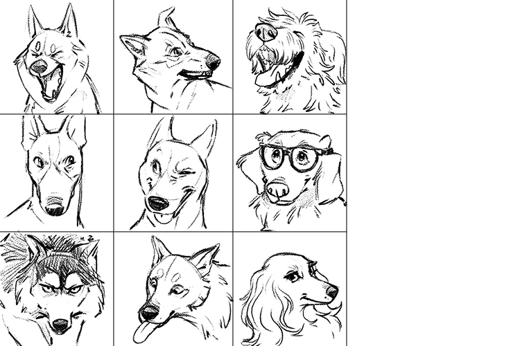 Use these references to sketch out each of the dogs. Try to exaggerate their expressions even more than they already are. 