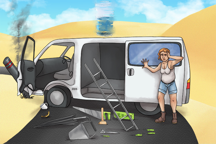She collided after seeing a mirage (collage) and all the contents of her van ended up stuck to the surface.
