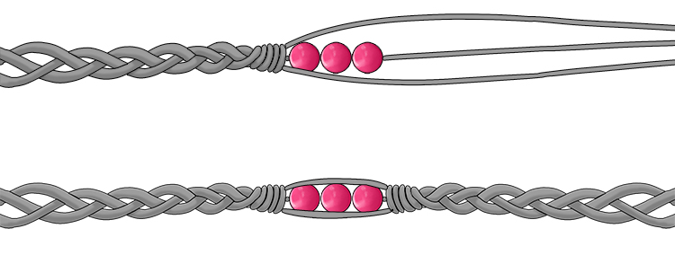 Continue pulling the right wire to the middle, then the left wire until you get to the beads, stop plaiting and twist the wire two or three times and twist it again after the beads. 