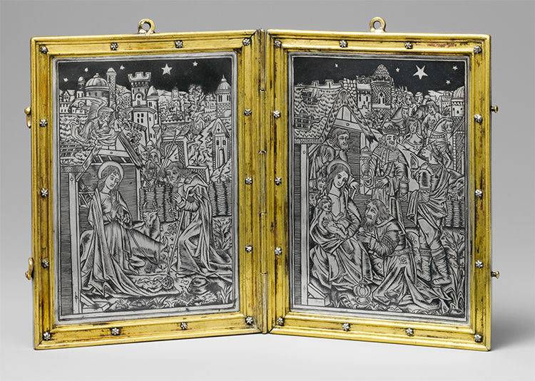 Diptych is the same principal as triptych ("di" meaning two and "ptych" meaning fold in Greek. Di-ptych = two-fold).