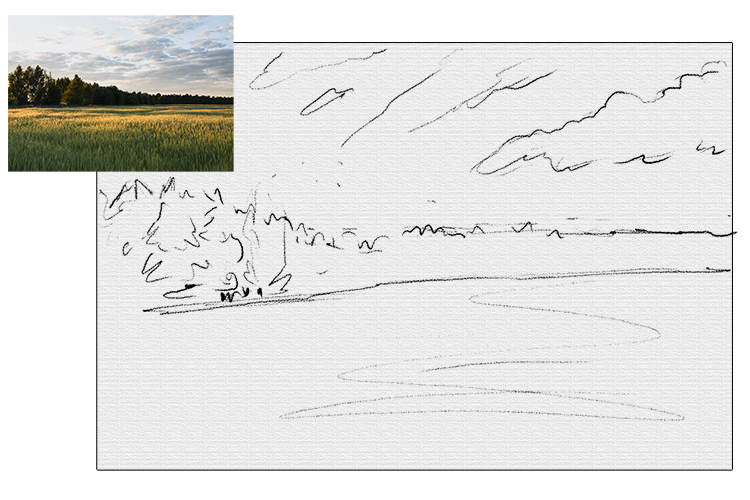 Start by loosely sketching out your scene. You don't need small details, just enough to know the basic shapes