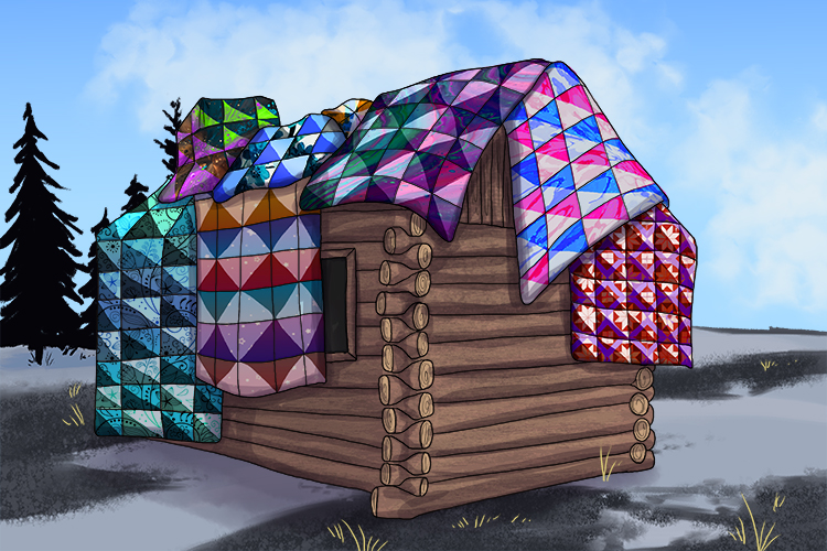 The log cabin (log-cabin) was entirely covered in patchwork quilts. Each patch has a diagonal line with one half light and the other half dark.