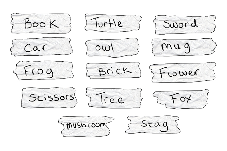 Write lots of nouns on a pieces of paper, for example: book, car, frog, scissors, turtle, owl, brick, tree, sword, mug, flower, fox, mushroom, stag...the list could be endless!