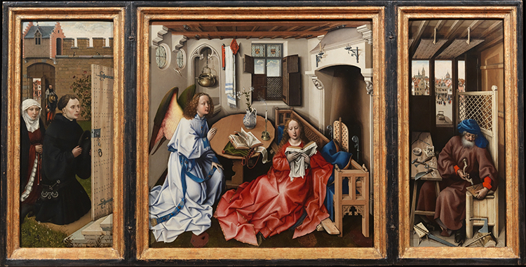 Triptych is the same principal as diptych (tri meaning three and ptych meaning fold in Greek. Tri-ptych = three-fold).