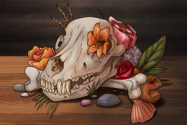 You could also create a more natural piece, using an animal skull and bright, beautiful flowers and some pretty pebbles.