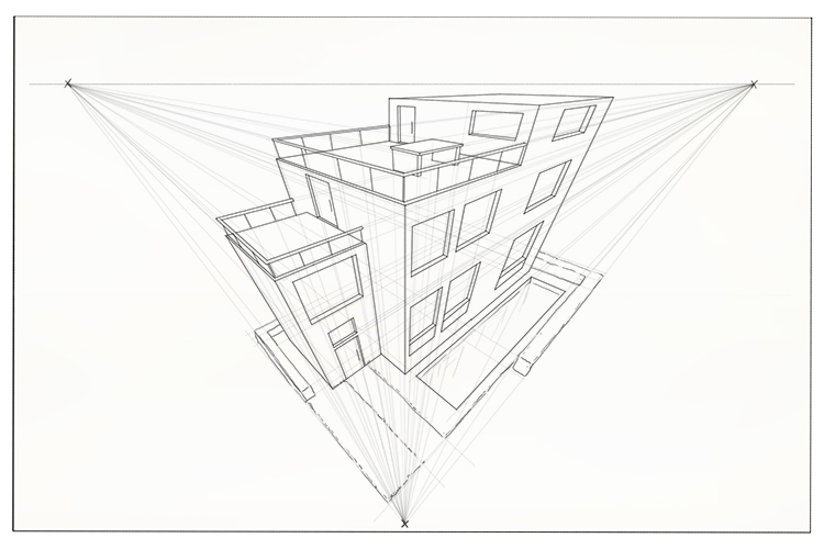 Now your building is complete, use the three vanishing points to add detail to the drawing.