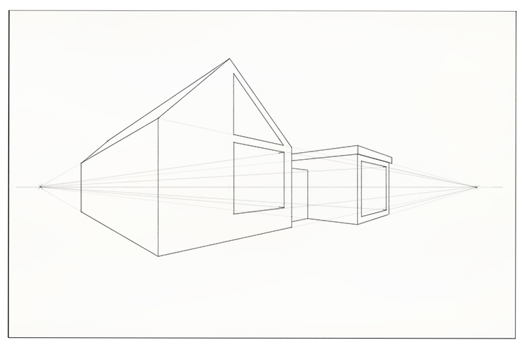 As the windows are on a right-facing wall. use the left-hand vanishing point to add the lines showing the window recess.