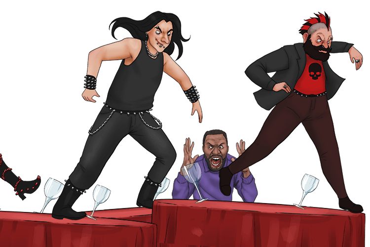 The heavy metal group ran across the top of the tables.