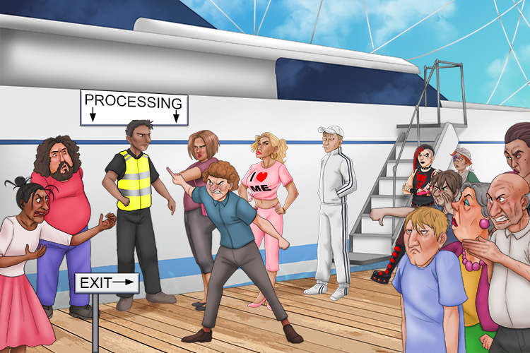 At the harbour, processing (Haber process) took so long that it made a crowd moan near (made ammonia) the exit.