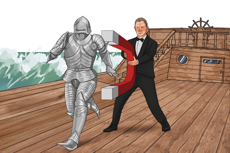 The dangerous man wearing metallic armour tried to run from James Bond (metallic bond), but he stayed strongly attracted using magnets while they fought at sea.