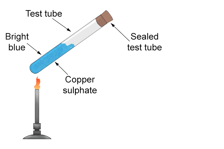 When hydrated copper sulphate (blue crystals) are heated in a sealed test tube it undergoes a reversible thermal reaction.
