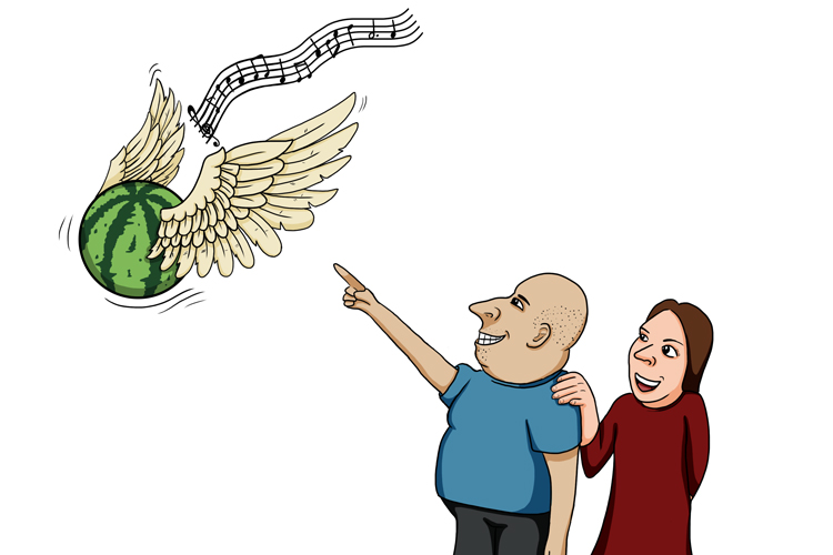 an illustration of a melon with wings flying over two people.