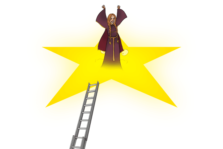 When she reaches the top of the ladder she climbs one of the stars.
