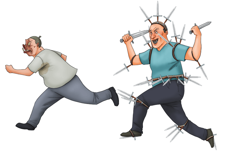 A man with daggers every where including daggers for teeth chases after the monster.