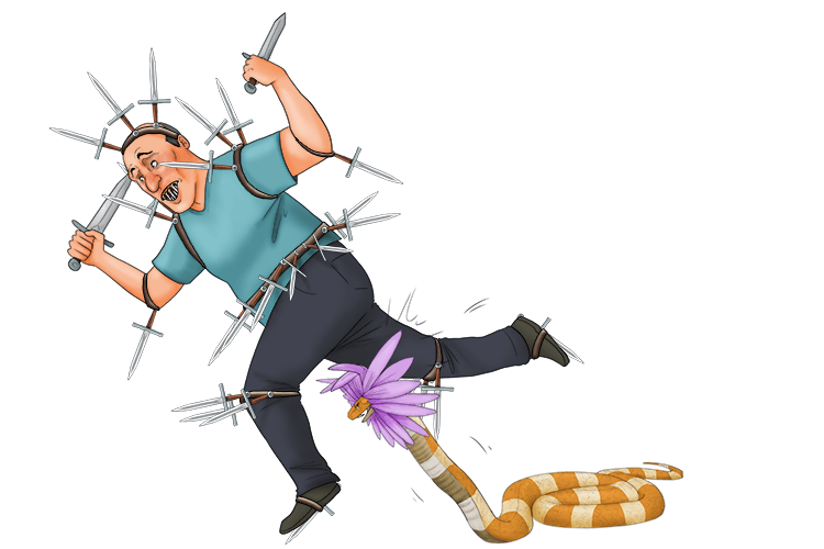 The man with daggers while running trips over an innocent flower that is actually a snake.