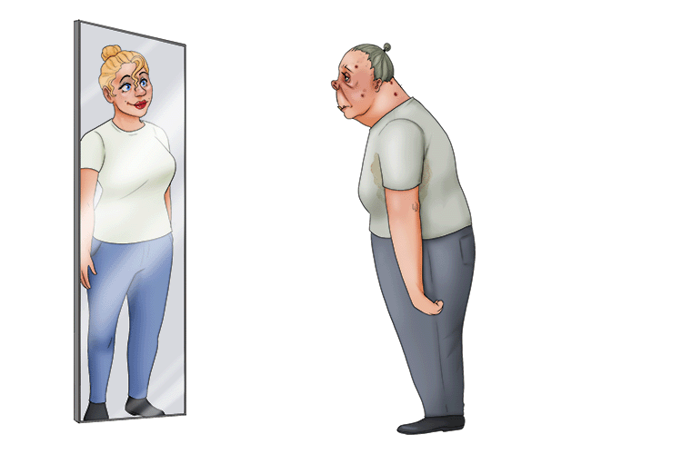 She look at herself in the mirror and that is her appearance but you can see the reality but then she removes her false face and she is actually an ugly monster.