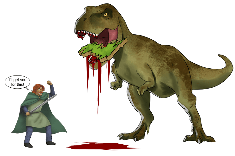 Imagine a tyrannosaurus rex biting a country and Macduff vowing revenge. 