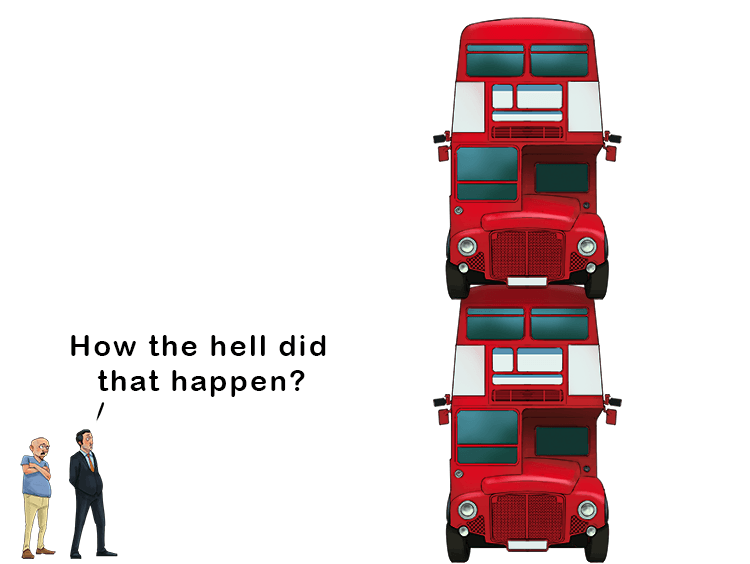 A double decker bus, on a double decker bus