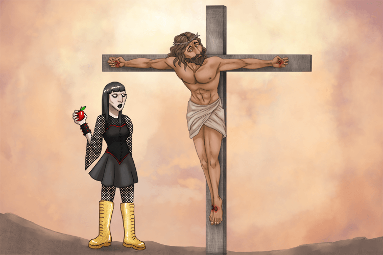 Golden boots with a goth look and holding an apple (Golgotha) she stood staring at the crucifixion of Christ.