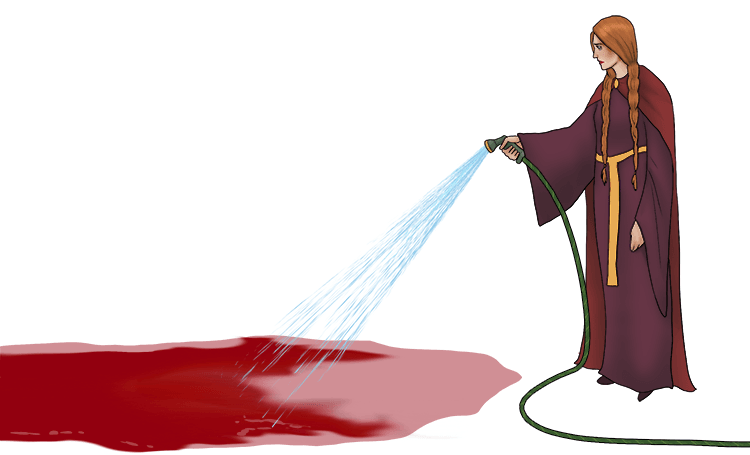 This quotation can be remembered with the single picture of somebody "hosing down" all the blood.