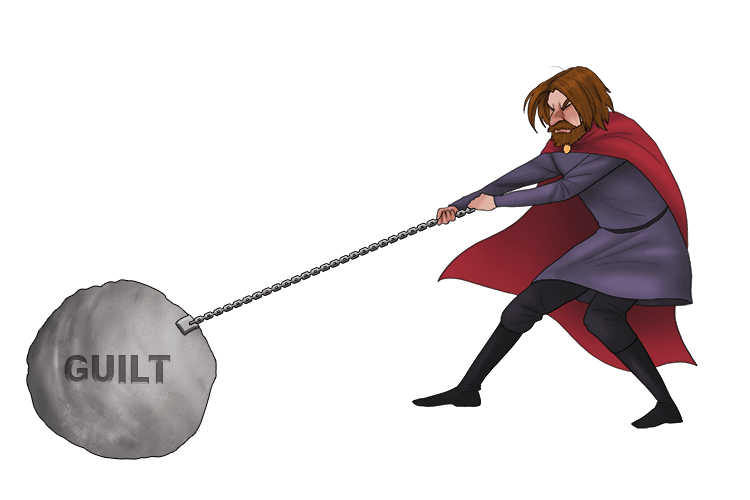 First create a key image for "guilt". One way to remember "guilt" is the mnemonic of someone dragging a big stone that represents guilt.