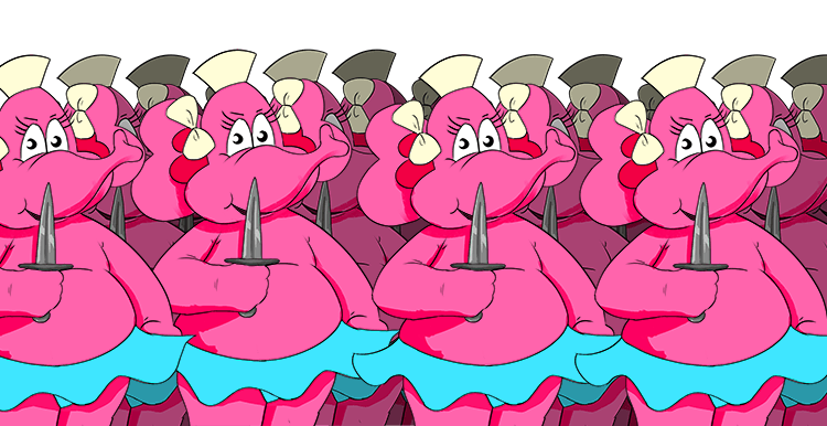 Imagine hallucinating and seeing lots of Nelly the Elephants everywhere holding daggers.