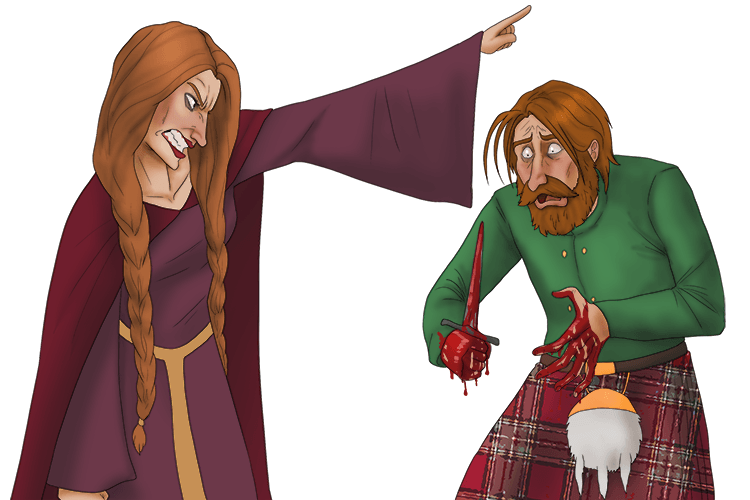 Having murdered King Duncan, Macbeth returns to Lady Macbeth, his hands covered in blood and visibly shaken