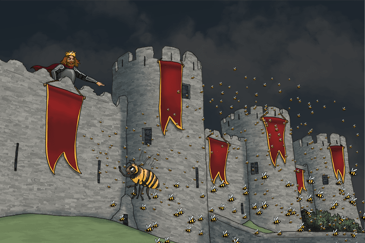 3. From the castle, Macbeth points at the gathering army and laughs with confidence (MACBETH CONFIDENT).