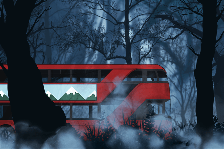 But the bus comes to a grinding halt. It can't go anywhere because it is a dead end of a big wood, Birnam Wood.