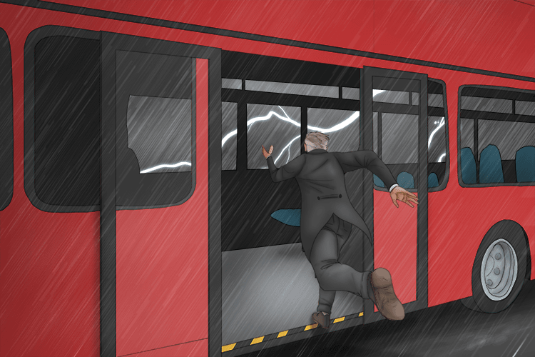 So to get out of the thunder, lightning and the rain he jumped on a double decker bus with his bandaged thumb.