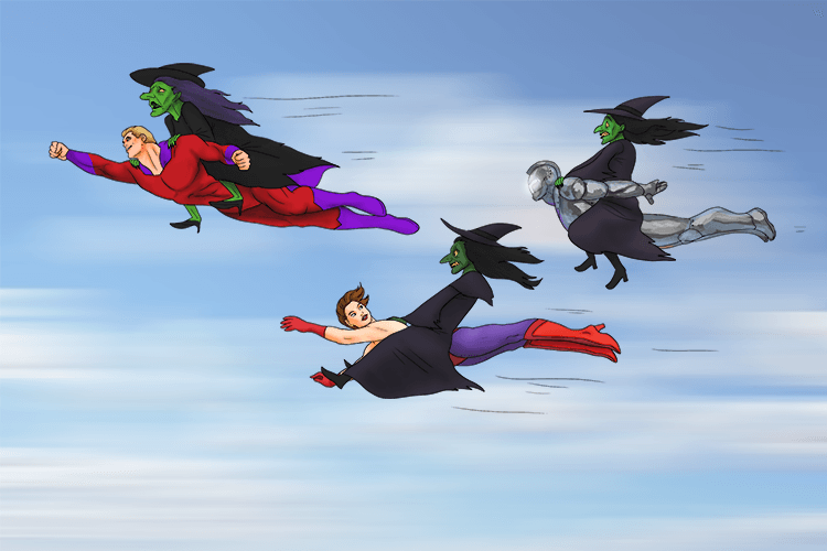 Superheroes pick up the witches and carry them.