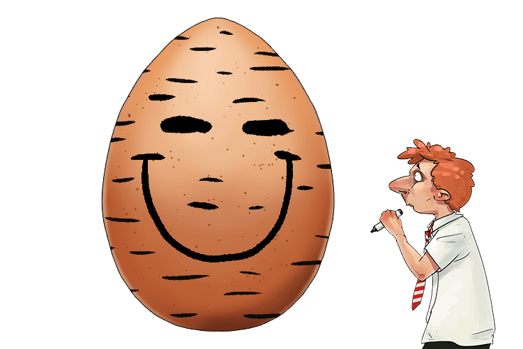 The boy who just covered the egg with dashes now draws a "smile" on the egg.