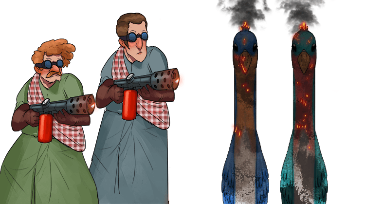 Two people come up to the pretty ones and "scorch" them using flame throwers.