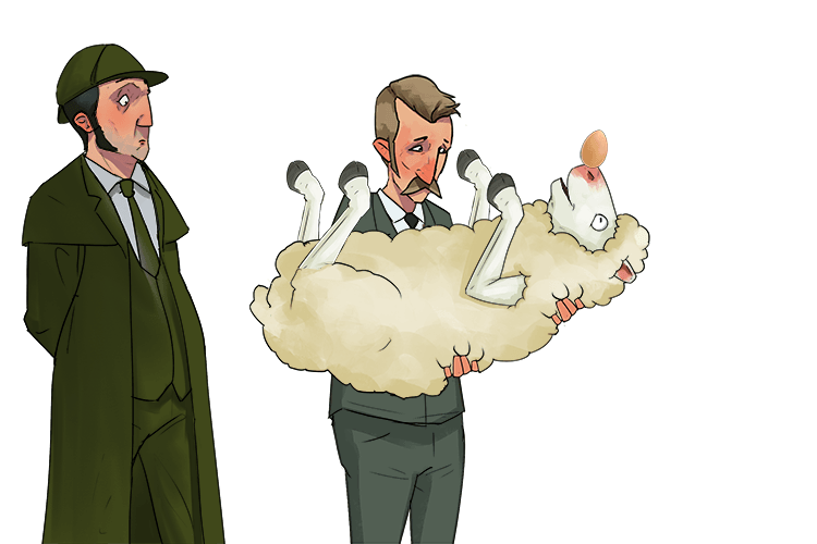 Sherlock Holmes is staring at Watson (what) who is holding a ewe (you) and the ewe is balancing an egg on her nose.