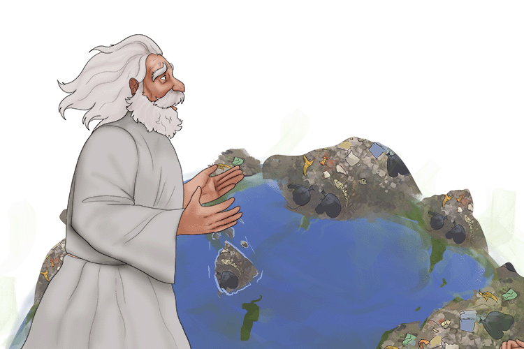 God's looking at the terrible mess the world has become and he is shaking his head. He asks a passing woman "What have you done?" but she just bumps into him because she is sleepwalking.