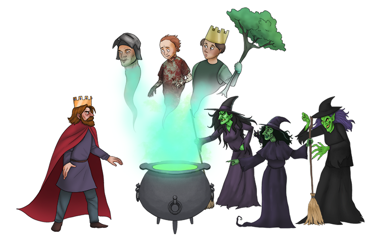 Macbeth visits the witches' cave seeking answers about his future.