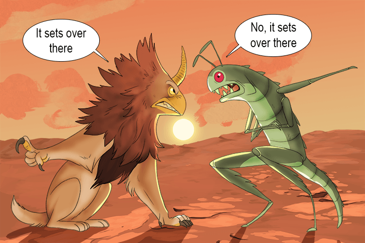 The sun is setting and two creatures (weird) discuss where is the place the sun sets.