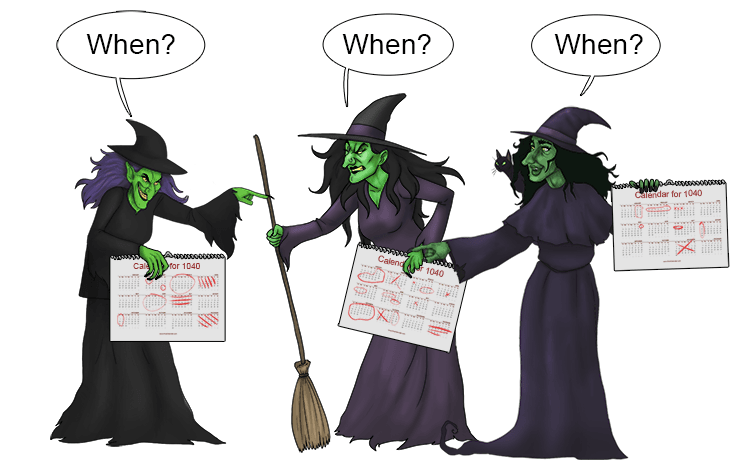 See the three witches working out when they can meet.