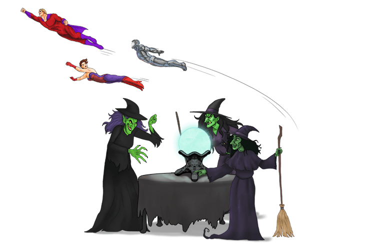 Superheroes leave the witches around the crystal ball.