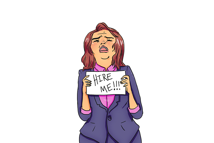 Image of a woman, her face is grimacing as she holds a sign with hire me written on it.