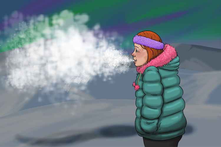 She was exhausted after hiking through snow all day and as she exhaled into the cold air, her breath formed clouds. 