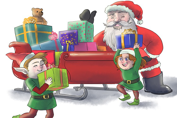 Everyone's welfare is important so each elf must take care when lifting heavy presents into Santa's sleigh. 