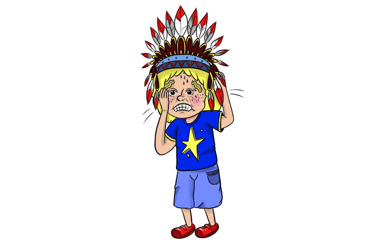 An image of a child who is chiefly nervous - he is wearing a blue top with a star and a chief headdress 