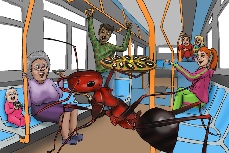 There was a buoyant mood among the passengers on the bus as oysters were served by a giant ant. 
