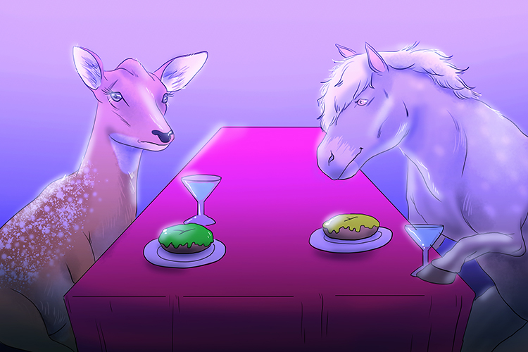 The hors d'oeuvres were served to the horse and the doe under UV light in the restaurant.
