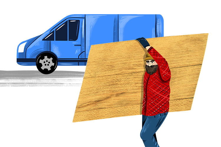 He parked his van near (veneer) so he didn't have to carry the thin sheets of wood far.