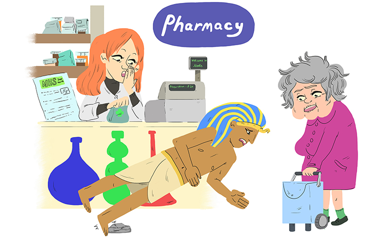 How to remember to spell pharaoh.  The pharaoh fell at the PHARmacy A*se Over Head