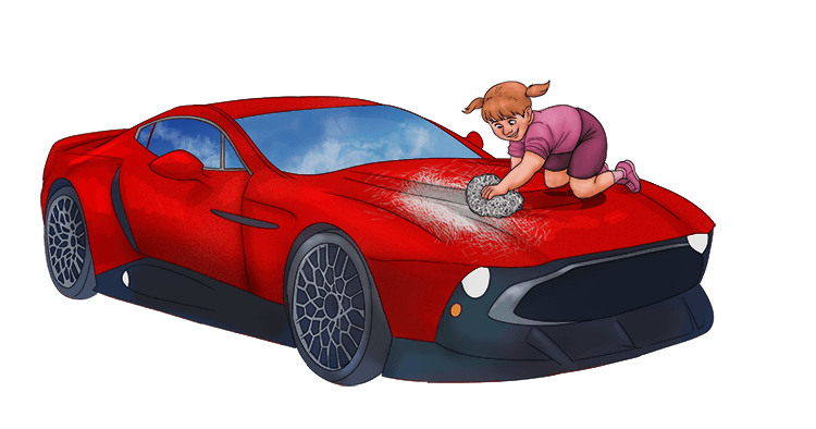 It takes a brave child to clean this expensive (abrasive) car with a substance capable of polishing the surface. If you damage it, your mum will be very harsh with you.