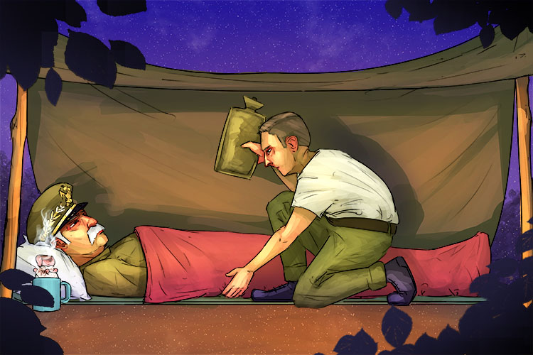 The junior officer aids the general when they go camping (aid-de-camp). His job is to assist him every day